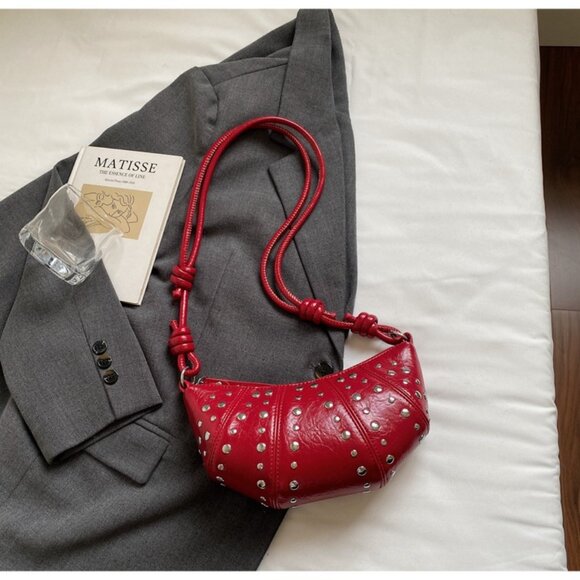 Red Statement Studded Crescent Handbag - Picture 9 of 9